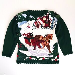VTG Tiara International Pullover Sweater Winter Sleigh Ride Hunter Green Sz S/M